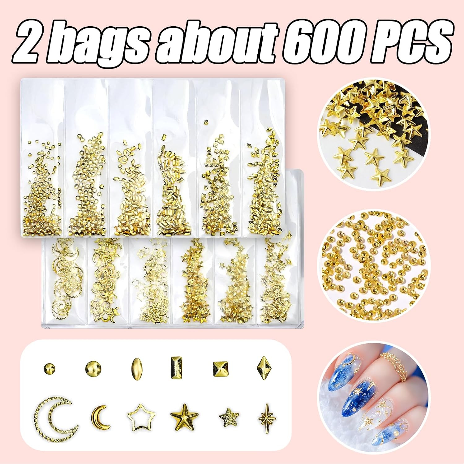 600Pcs 3D Gold Star Moon Nail Art Rhinestones Metal Star Moon Nail Charms Multi-