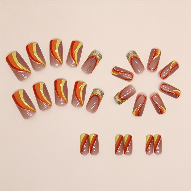 24pcs Vibrant Pumpkin Orange Glossy Square Press-On Nails – Silvery Glitter Stri