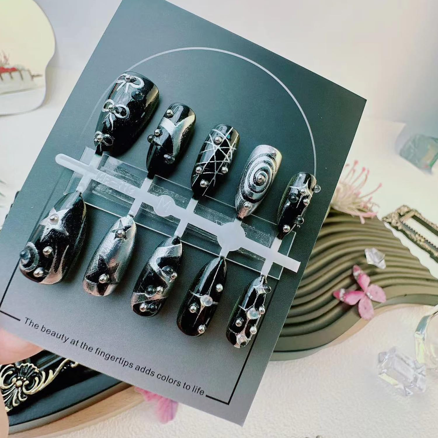 30Pcs Gothic Black Silver Press on Nails Medium Almond Fake Nails Y2K Star Swirl