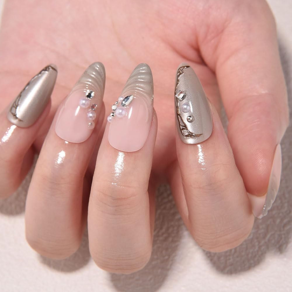 evpct Nude Pink Short Almond 3D Wave Pearl Press on Nails