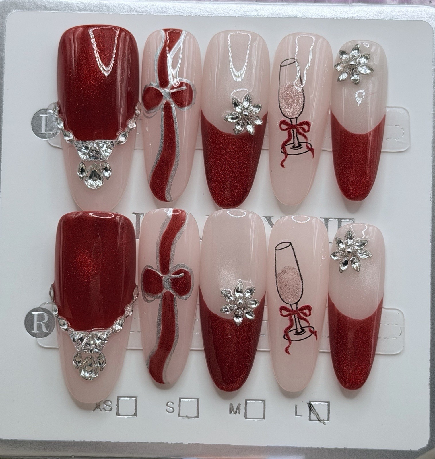 10 Pcs Handmade Valentines Day Long Stiletto Nails Bows 3D Rhinestones Champagne