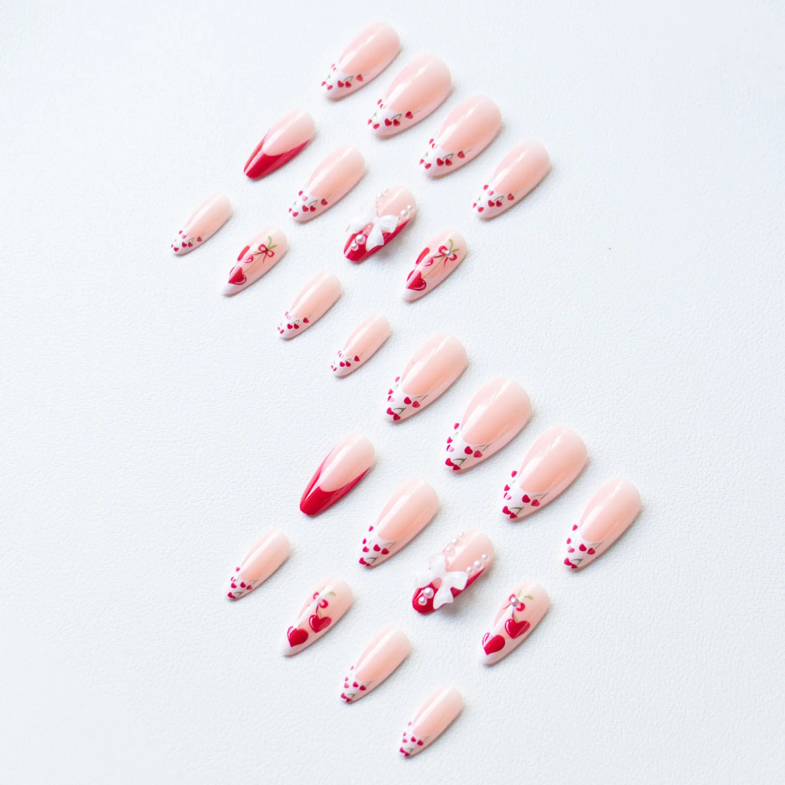 24pcs 3D Bow Pearl Cherry French Press On Nails