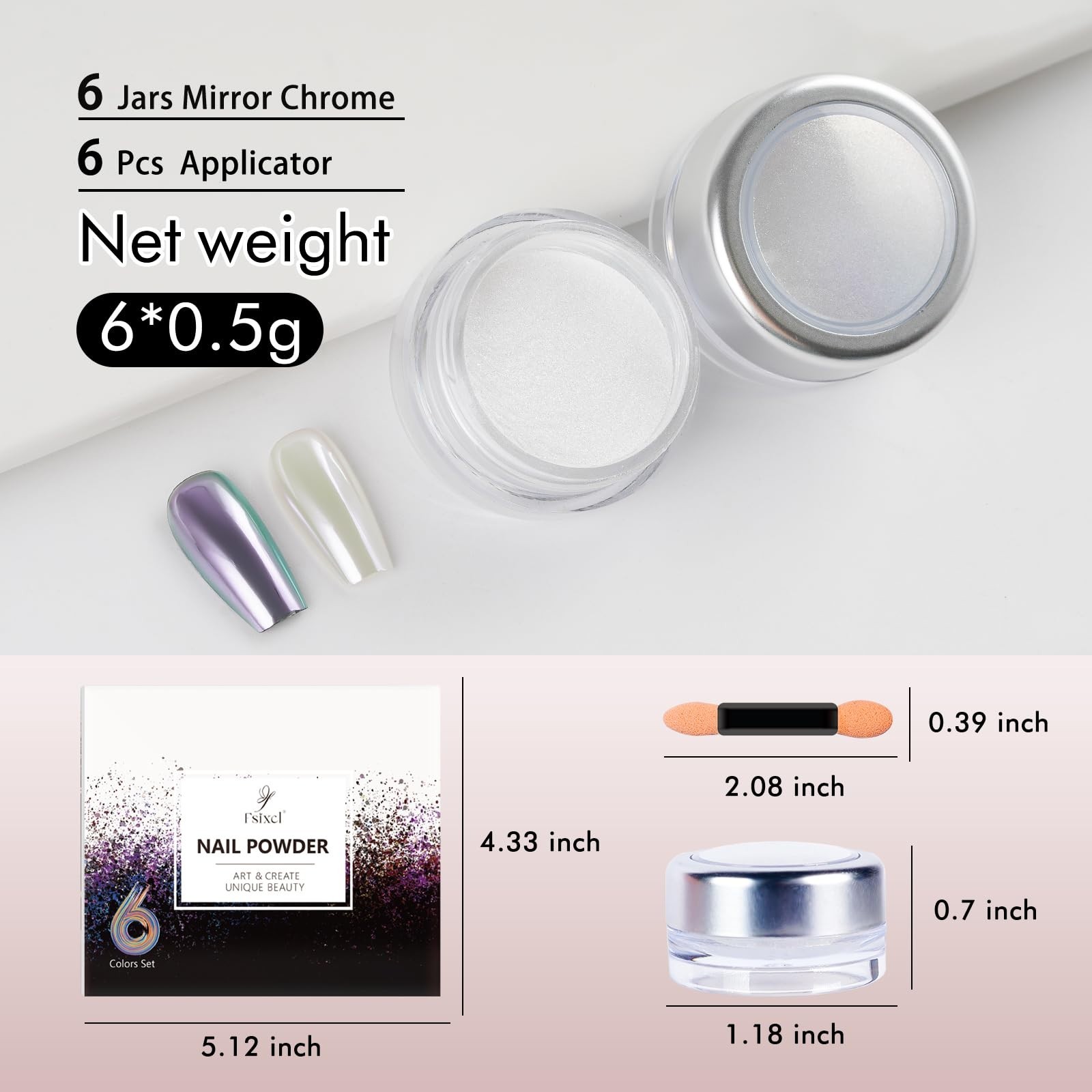 Pearl White Chrome Nail Powder Set – 6 Colors Iridescent Glitter for Gel Polish
