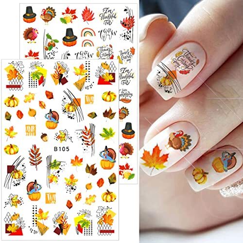12 Sheets Fall Nail Art Stickers 3D Autumn Leaves Nail Decals Self-Adhesive A2