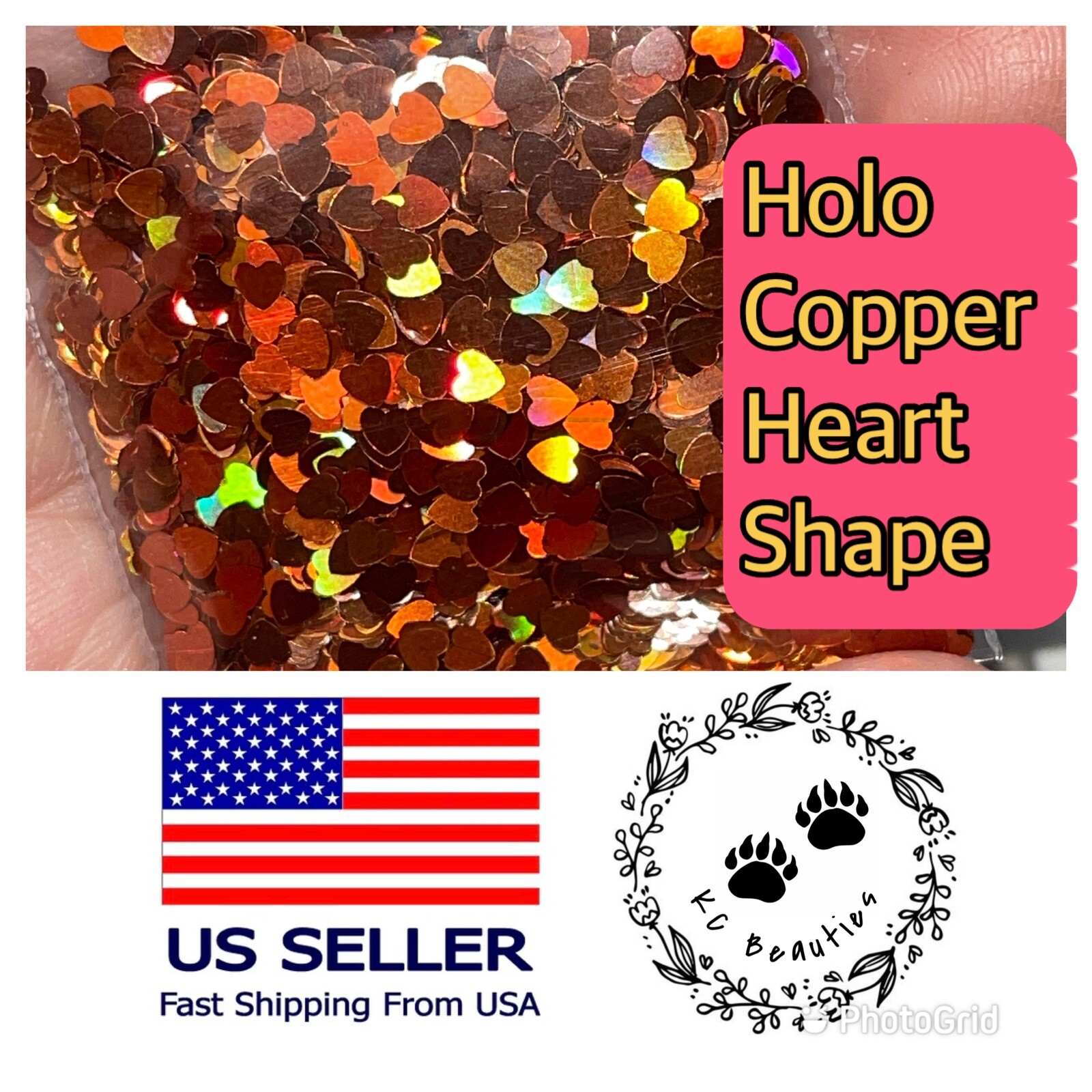 Holographic Copper Heart Glitter Nails Festivals Craft Tumbler Epoxy 1oz