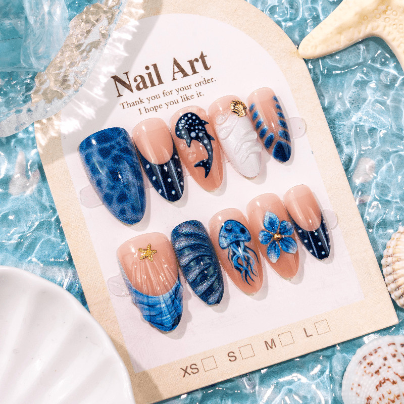 60pcs Almond Press on Nails, Blue Ocean Creature Shell Gradient Gloss Nails