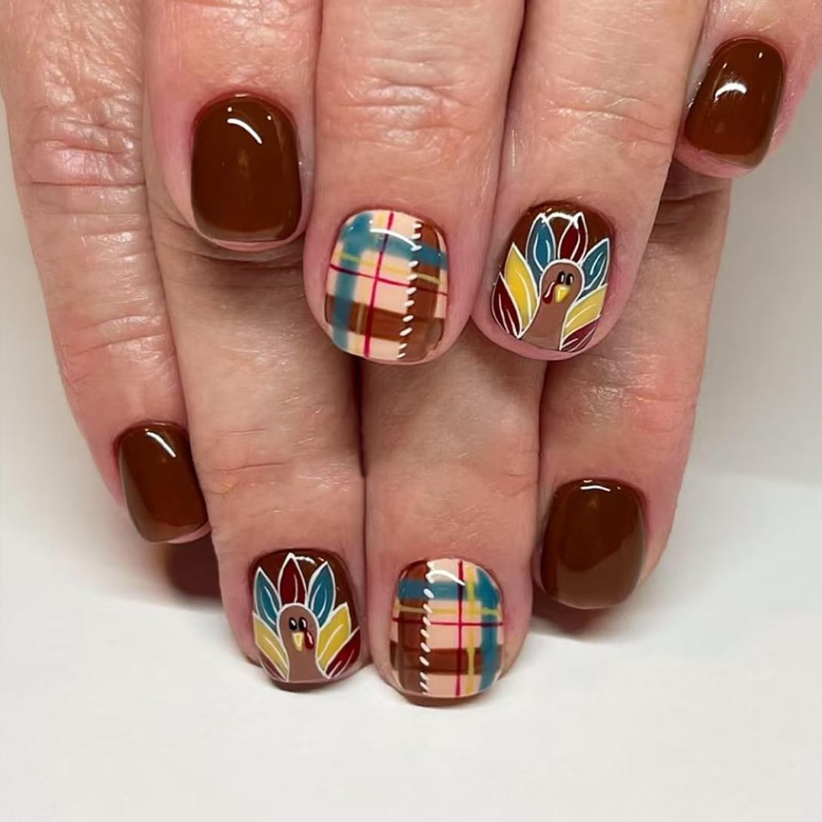 Fall Press on Nails Short Fake Nails with Designs Turkey Stick on Nail Purple…
