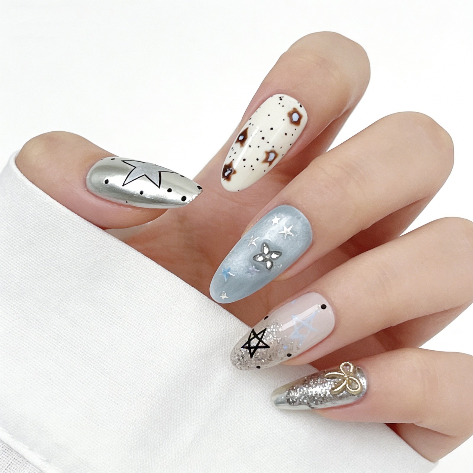 Galaxy Star Glitter Press-On Nails Mismatched Set Handmade Almond Nails Gift