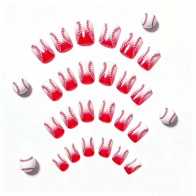 48Pcs Short Square Nails, Red White Gradient, Baseball Pattern, Sporty Style