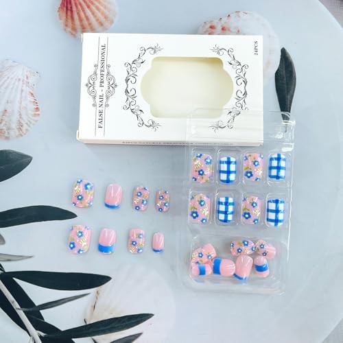 French Tip Press on Nails Cute Bee Flower False Nails Glossy Blue White Check