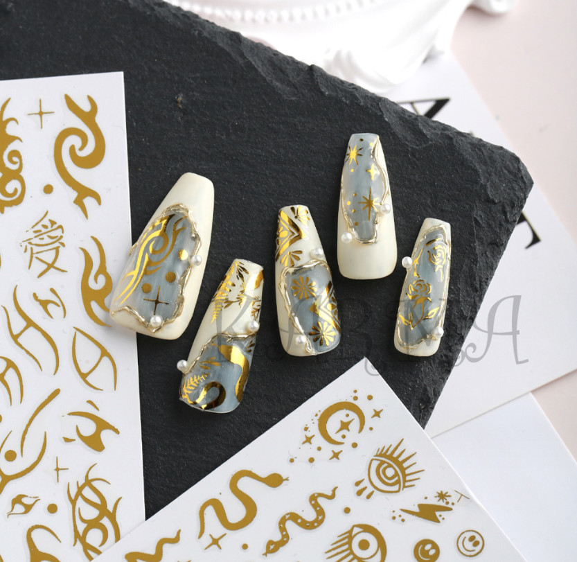 3D Gold Nail Stickers Bronzing Rose Snake Eyes Heart Moon Star Decorations NH22