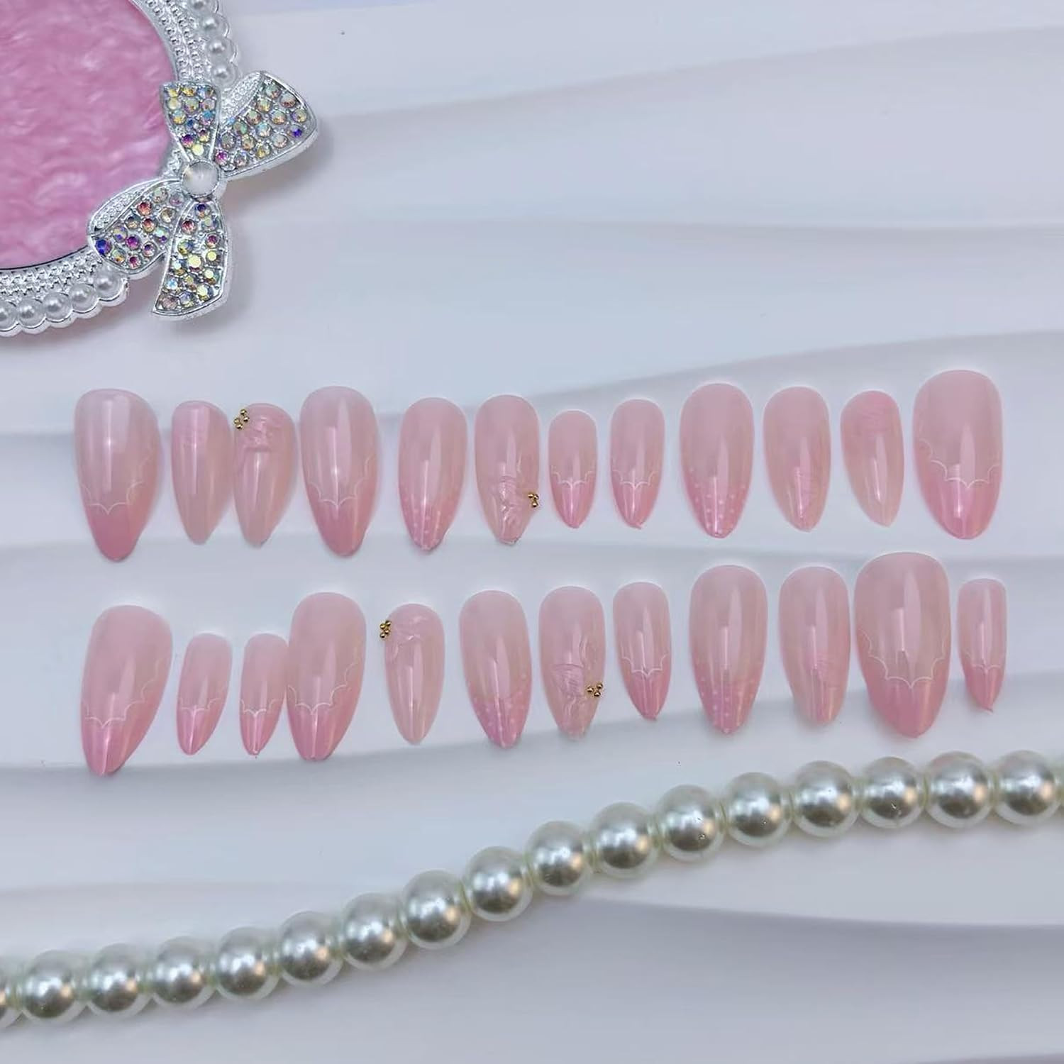 24Pcs Light Pink Press on Nails Medium Almond Fake Nails with 3D Floral & Gold R