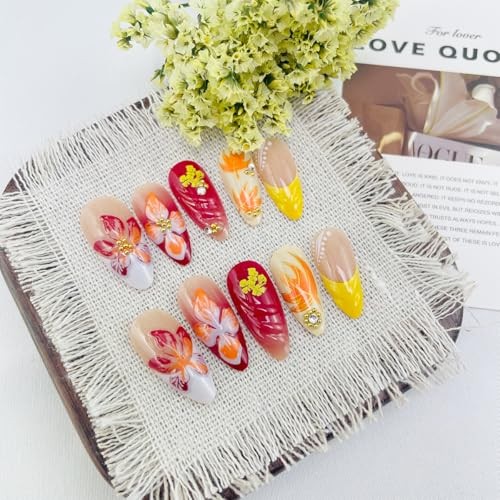 24Pcs Fall Press on Nails Medium Almond Fake Nails Fall Floral & Leaf Style-6