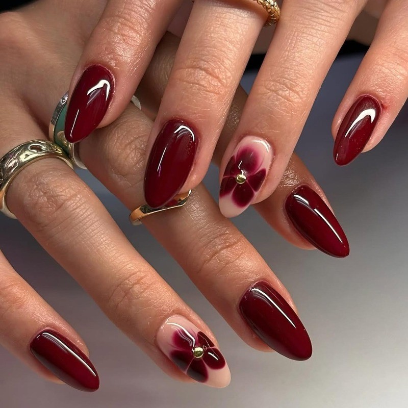 48Pcs-Burgundy Floral Ombre Press on Nails Glossy Long Almond Nail Art Set
