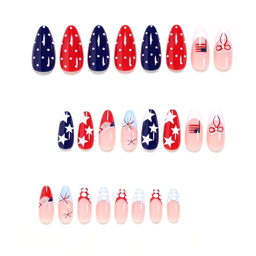 48pcs-4th of July Press on Nails, Medium Almond Stars & Stripes Fake Nails