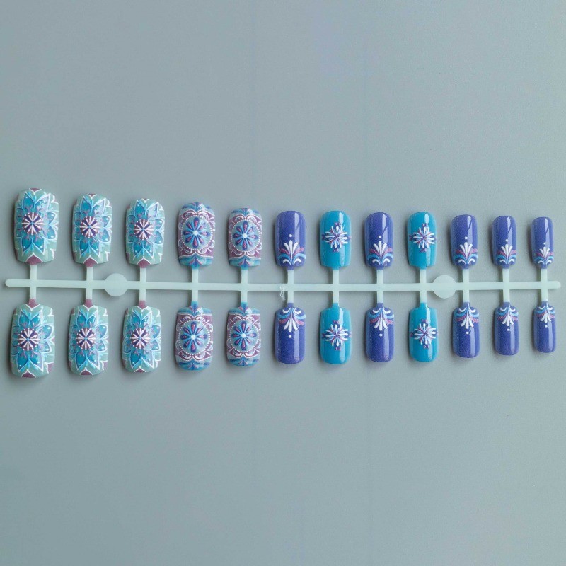 48pcs-Purple Blue Boho Press on Nails, Short Square Mandala Design Fake Nails