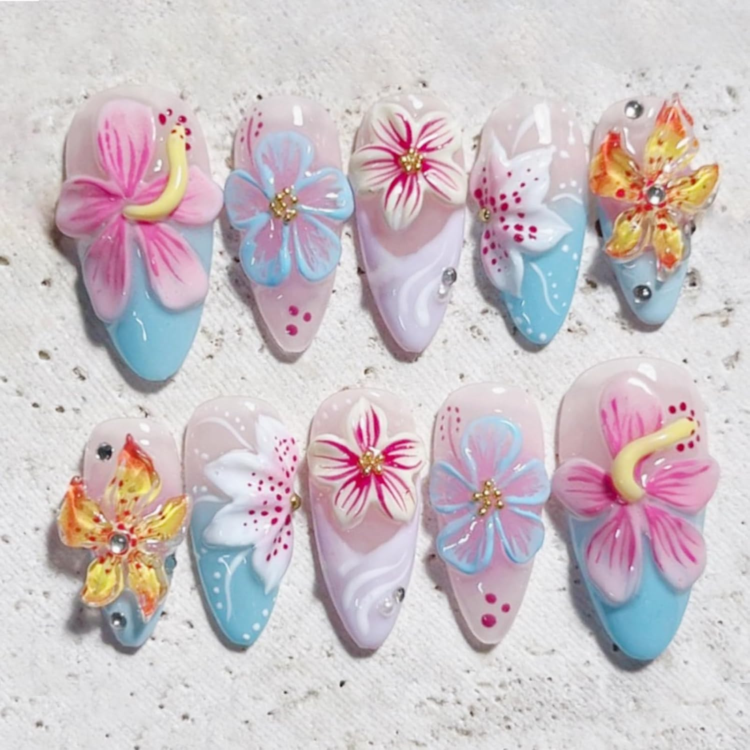 24Pcs 3D Flower Press on Nails Medium Almond French Tip Fake Nails Tropical Flor