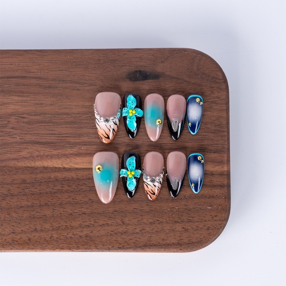 10pcs Handcrafted Blue Ombre Press On Nails Medium Almond Reusable Nails Gift