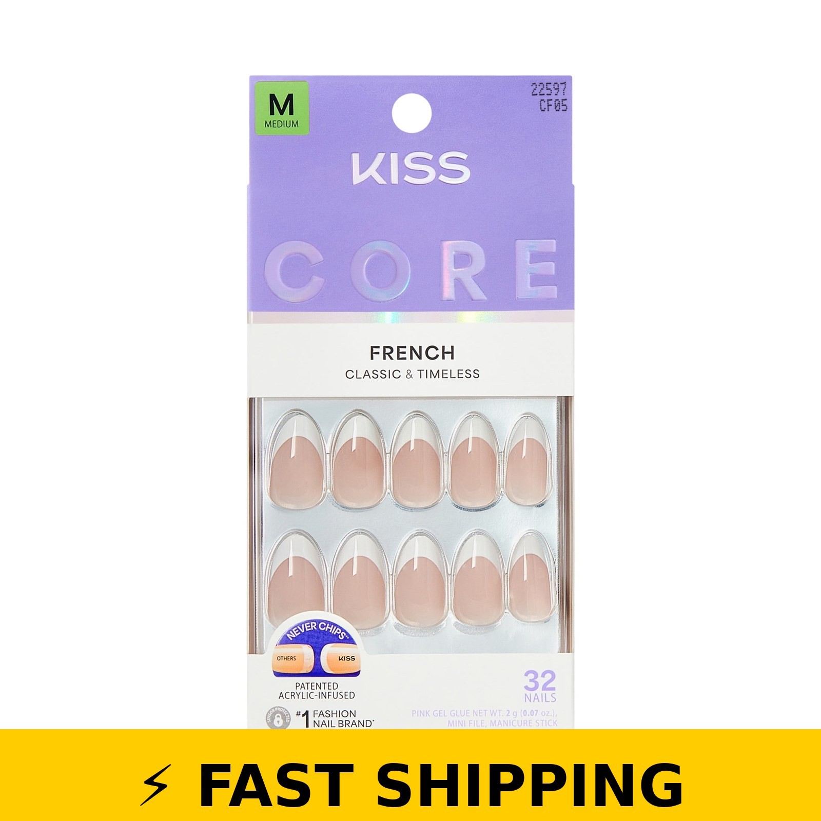 Kiss Core French Medium Almond Press-On Nails, White, 32 Pieces