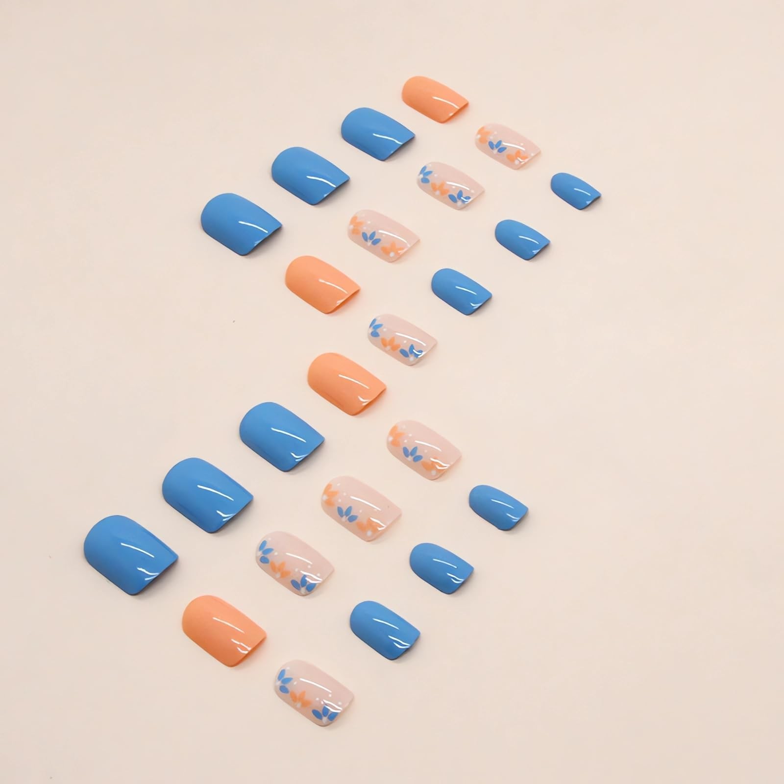 Short Press on Nails Square Fake Nails Blue Orange Flowers Glue on Nails Spri…
