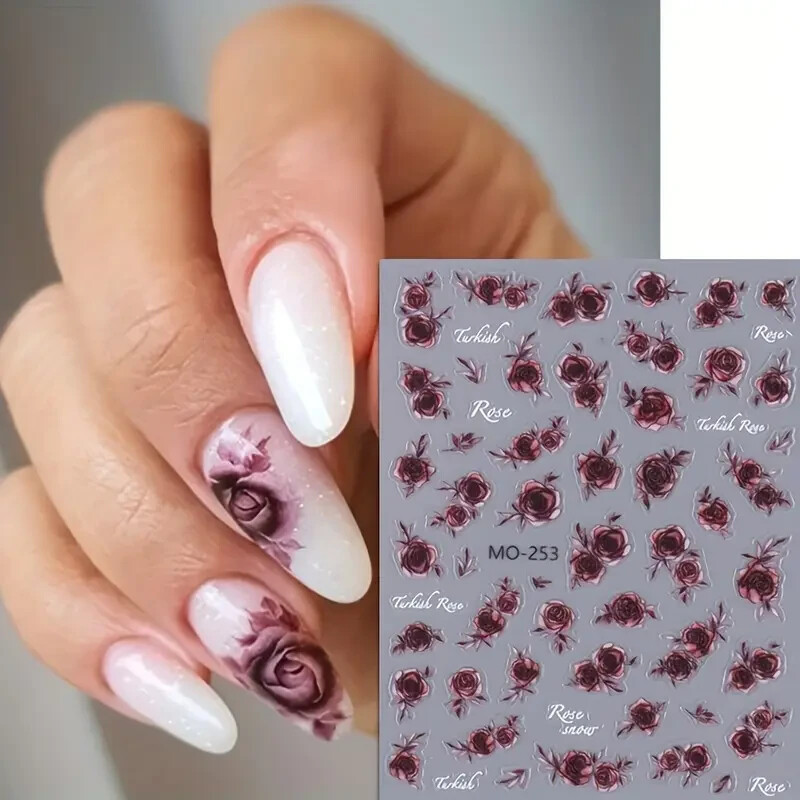 Nail Art Stickers Decals 3D Rose Flower Transfers Red Black White Designs