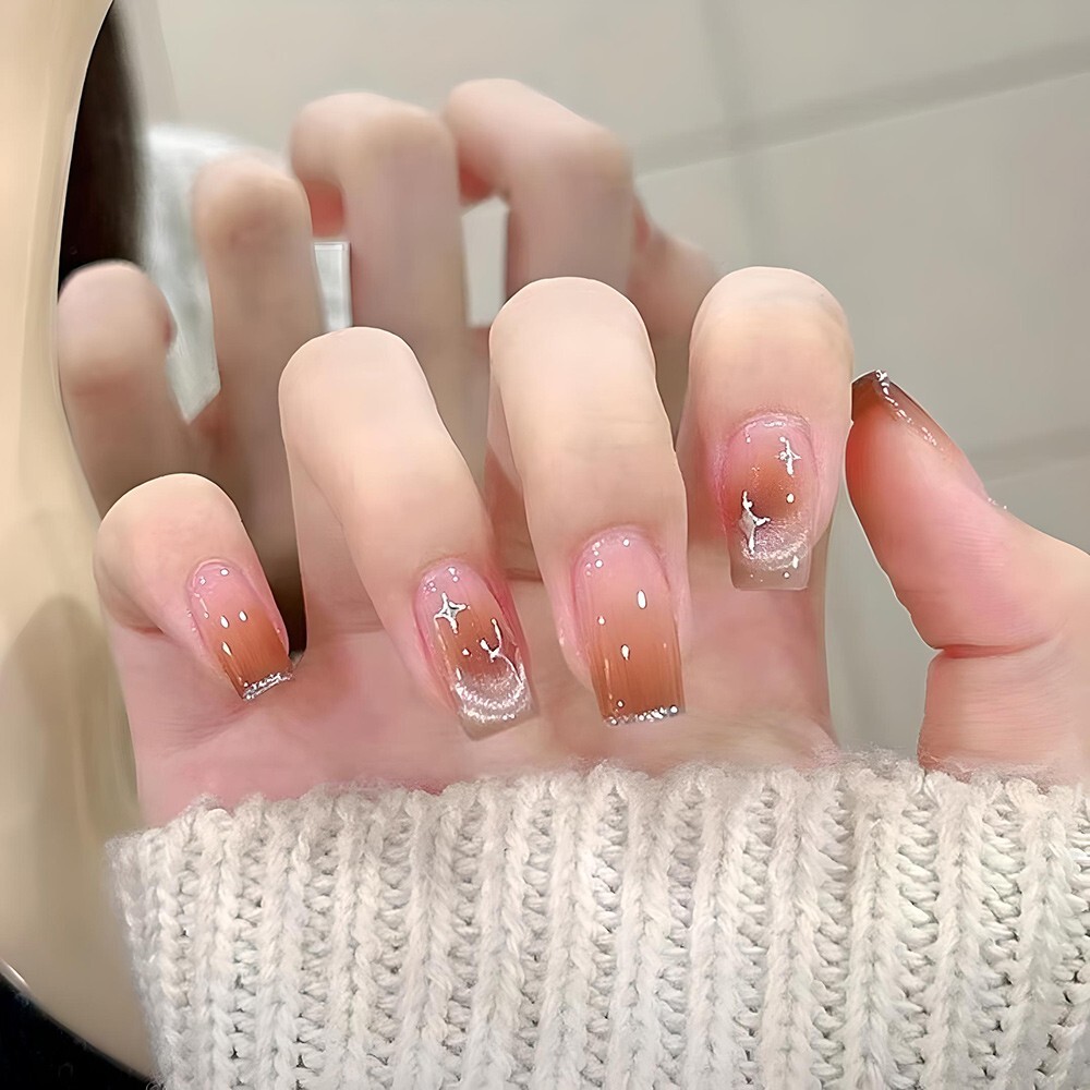 Autumn/ Winter Caramel Gradient Starry Cat Eye Removable Nail Patch set (Glue)