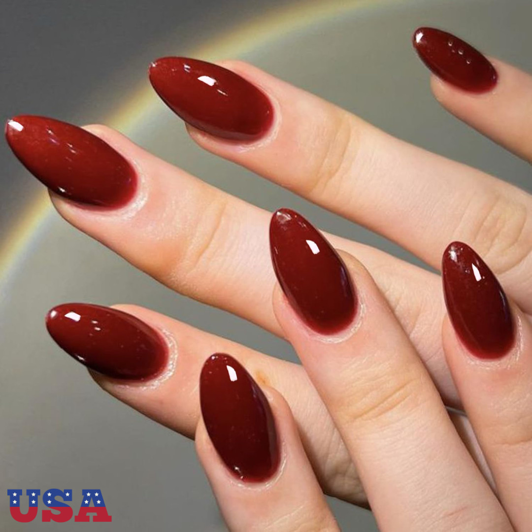 24× Wine Red Solid Color Fake Nails Reusable Medium Almond Press on Nails Glossy