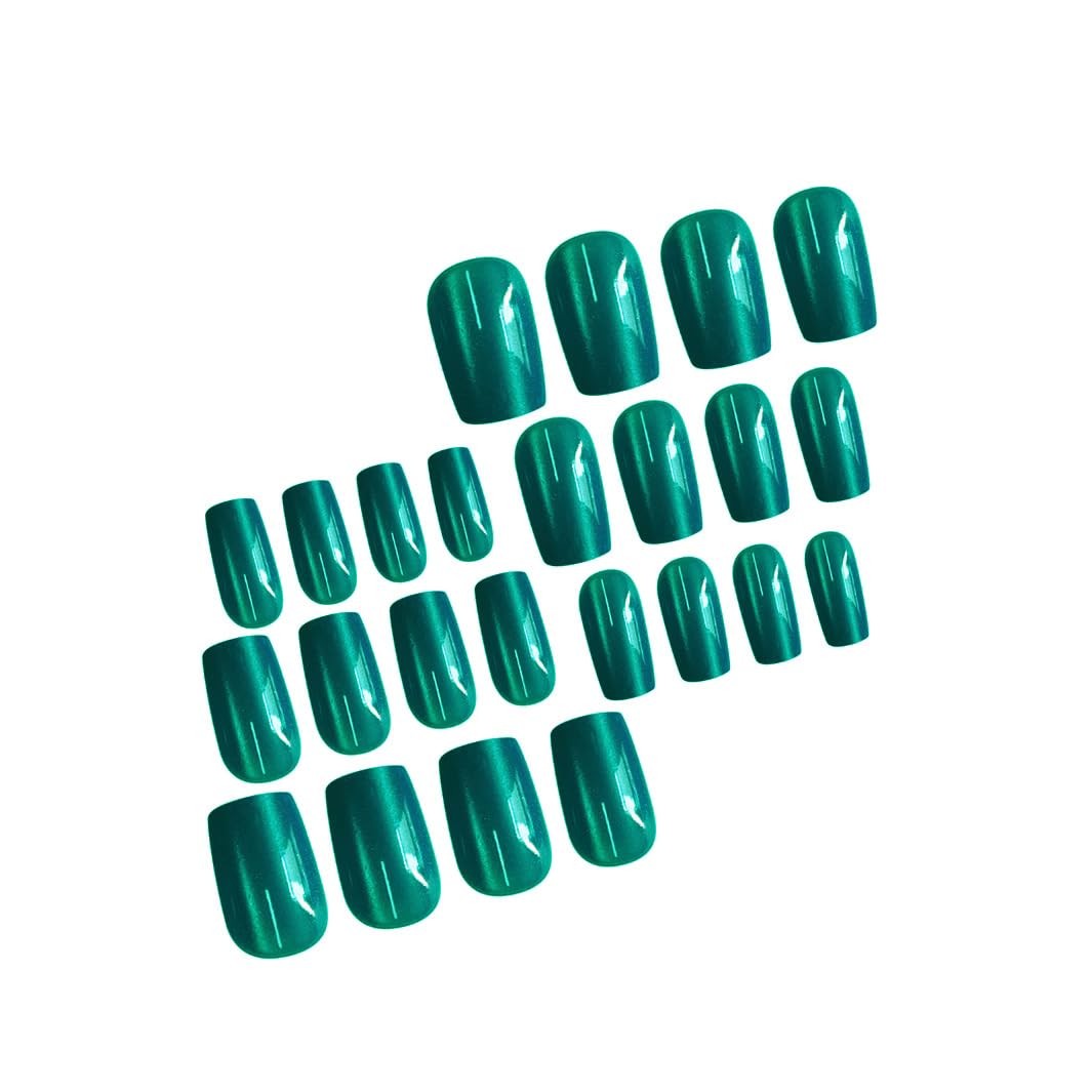 Dark Green Press on Nails Short Square Fake Nails Glossy Cat Eye Acrylic Fals…