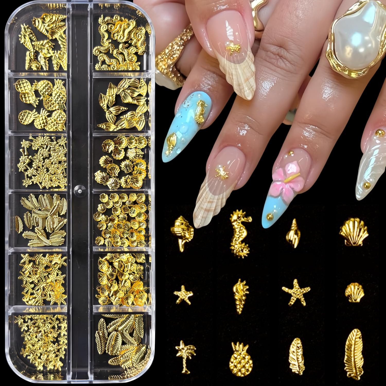 12 Grids 3D Metal Nail Art Studs Mixed Shapes Gold Shell Nail Charms Seahorse St