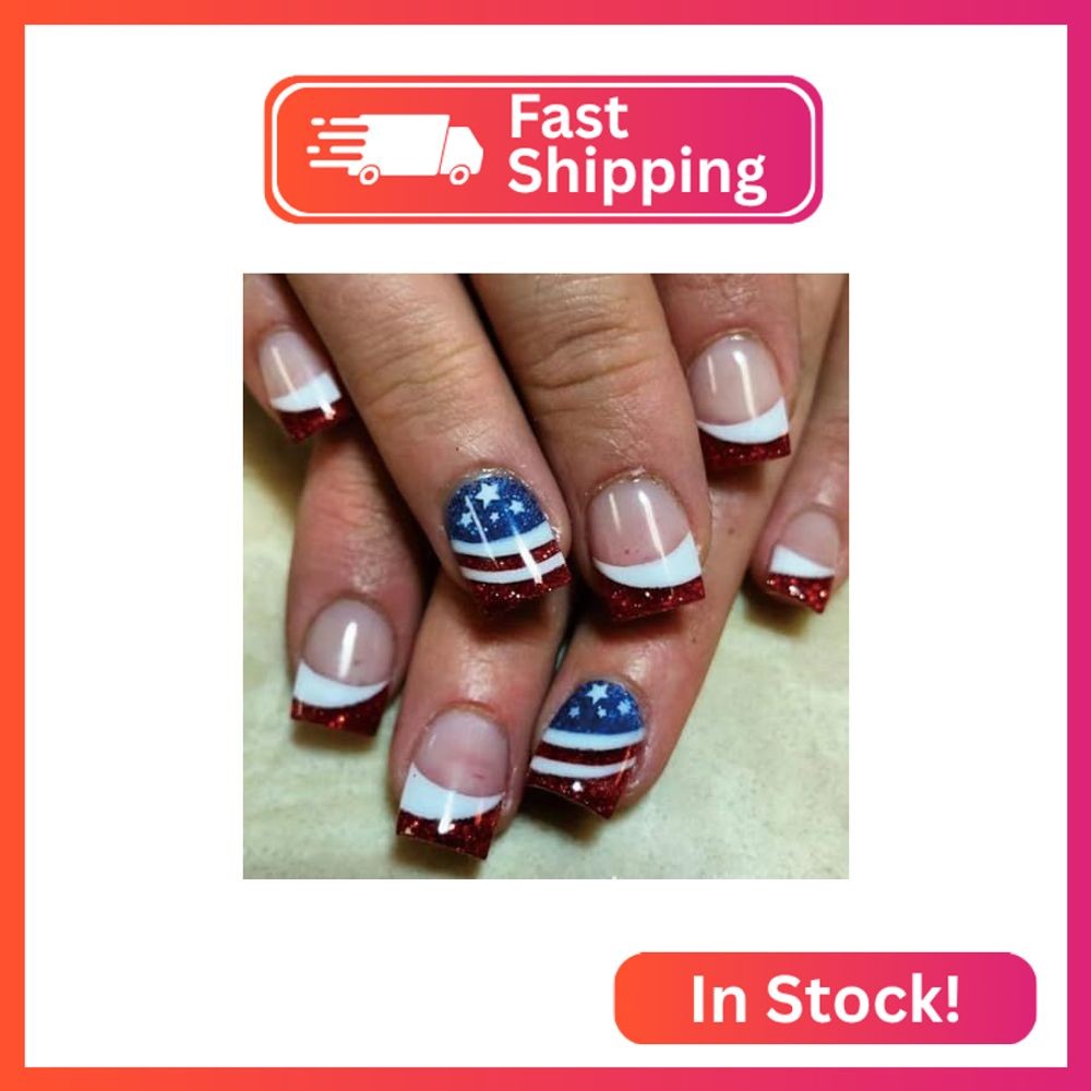 4th of July Square Press on Nails Glitter Frencch Tip Fake Nails with Star and S
