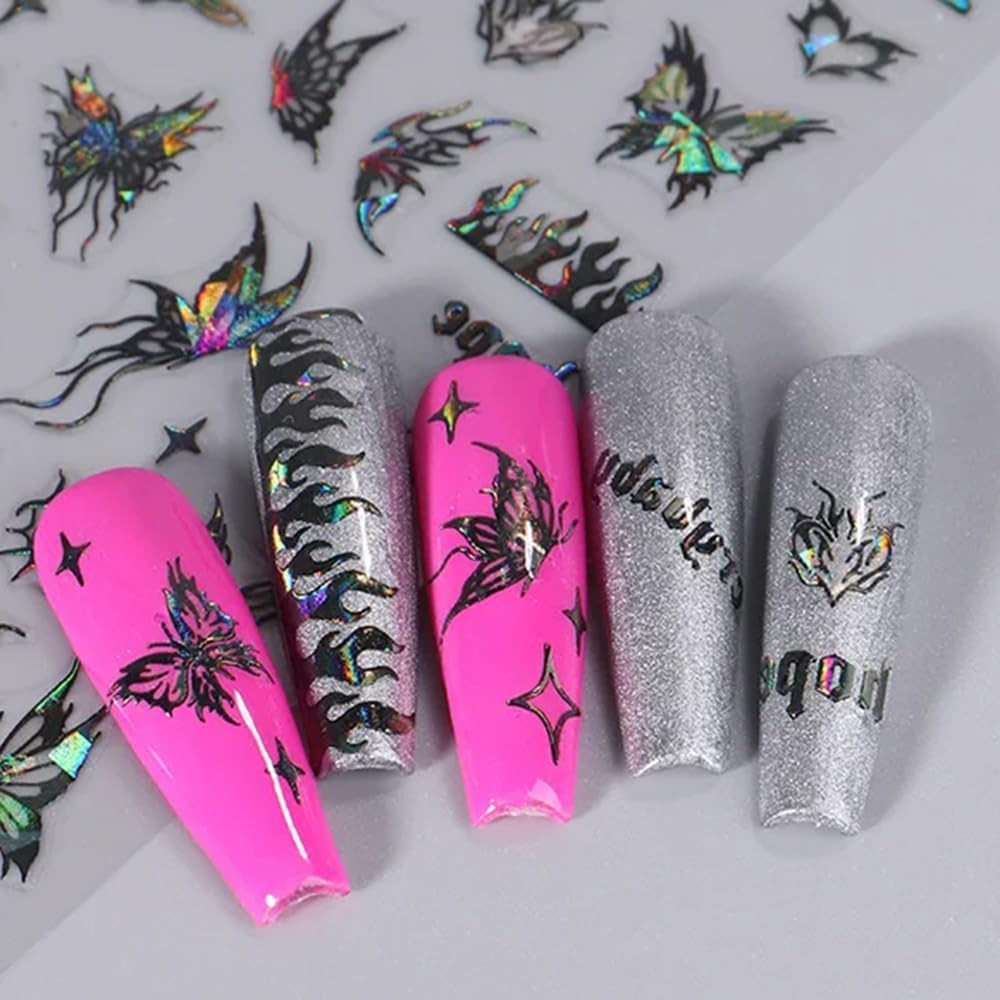 8Pcs 3D Laser Black Butterfly Nail Stickers for Women Holographic Butterfly Nail