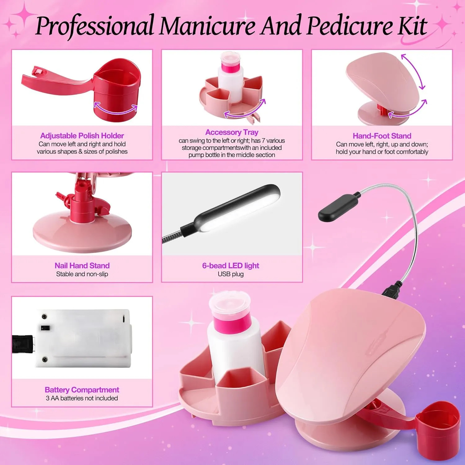 Nail Hand Rest Stand With LED 3 Piece Manicure Set Pink Adjustable Salon Station
