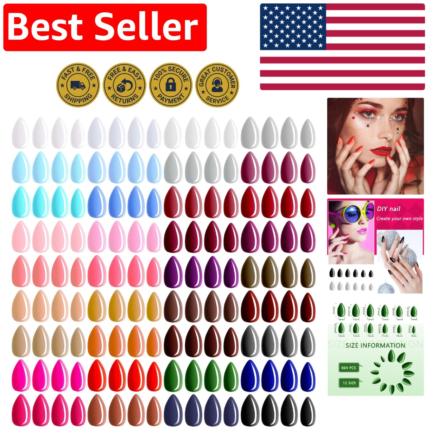 Luxurious 36-Set Almond Press on Nails – 864 Durable, Safe, Colorful Designs