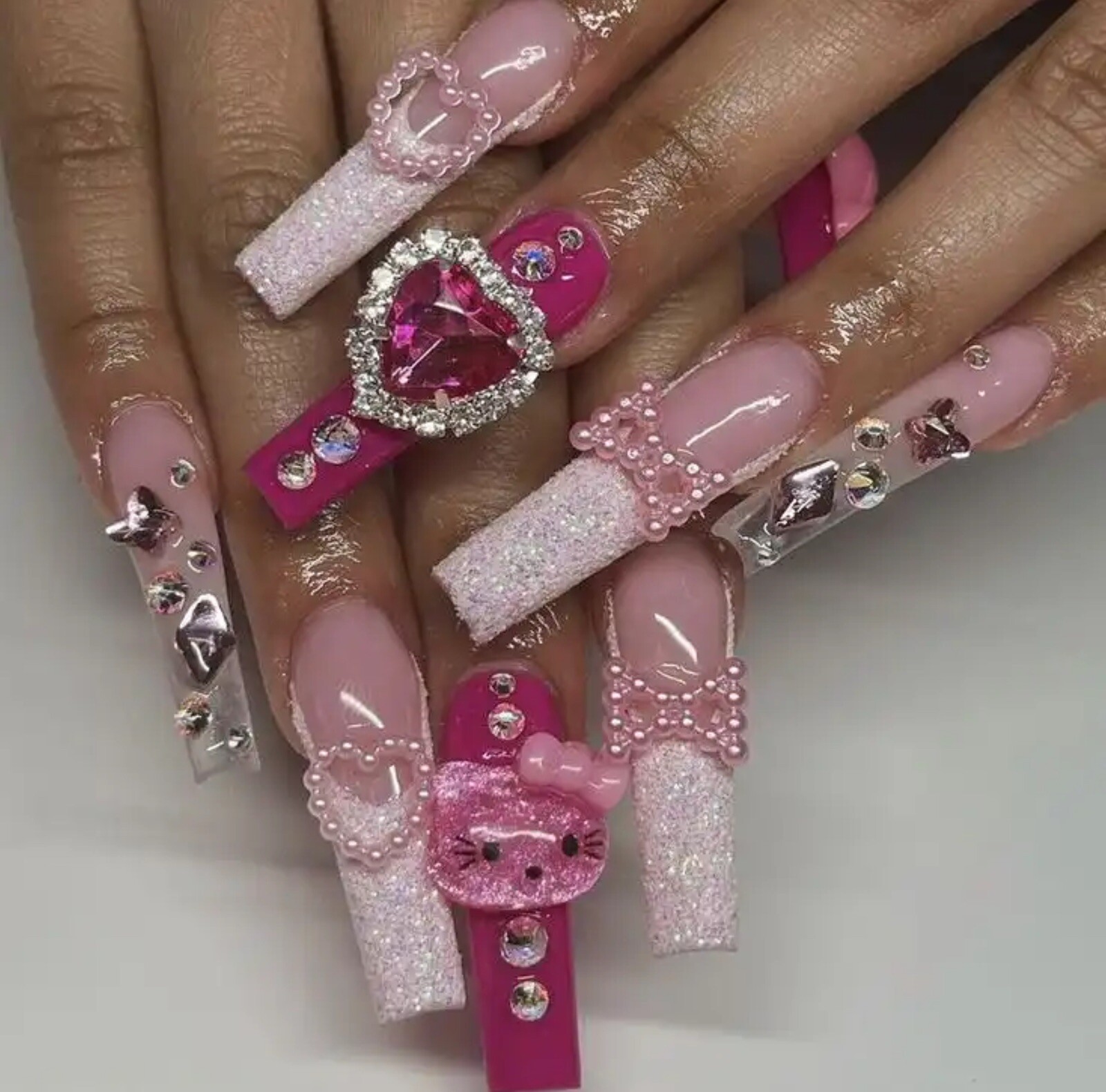 Xxxl Rectangle, Fake Nails 3D Hello KITTY Pink Diamond Strong, Long Nails