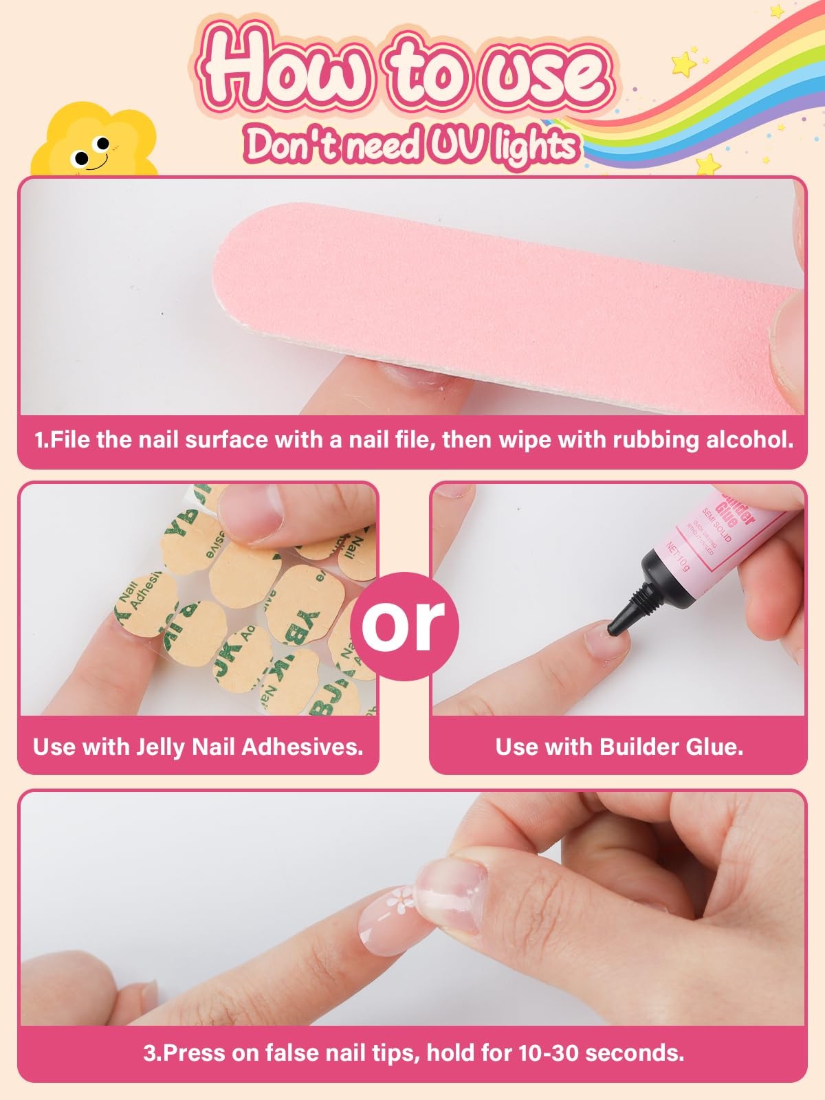 Press on Nails for Girls 5-12 Years, Pink Flower, 26 Pcs