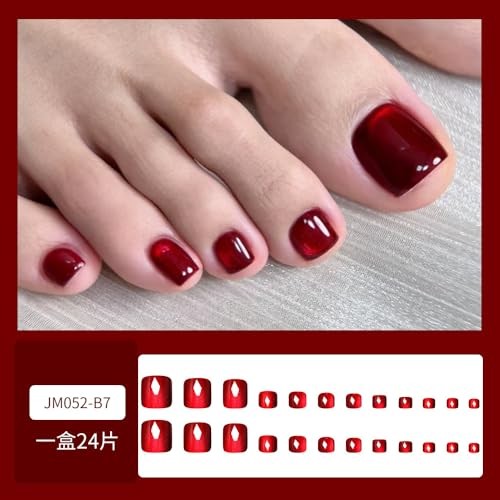 Wine Red Press on Toenails Cat Eye Fake Toe Nails Square Acrylic Short Style 2