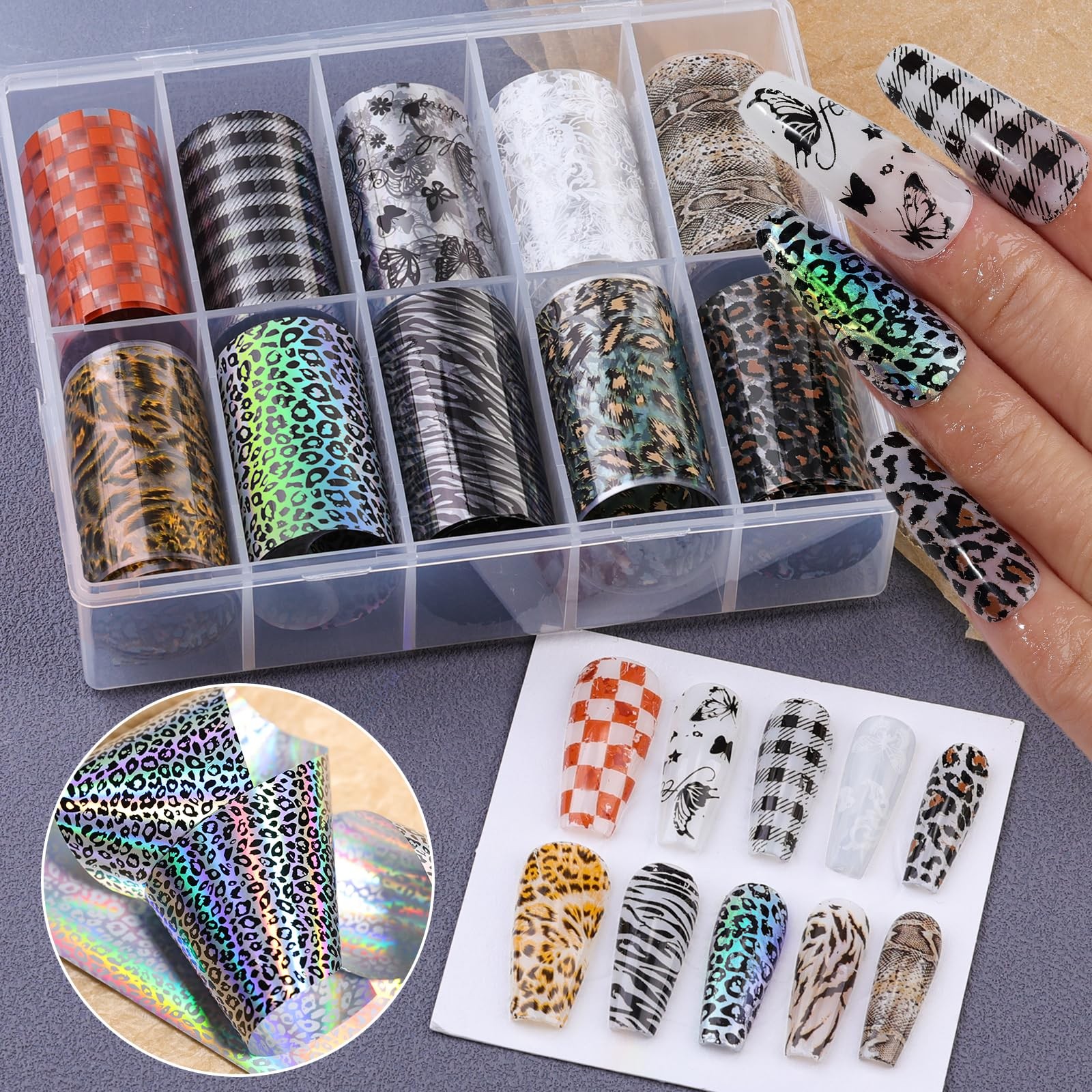 10 Rolls Nail Art Foils Transfer Stickers, Butterfly Plaid Snake Leopard Lace…