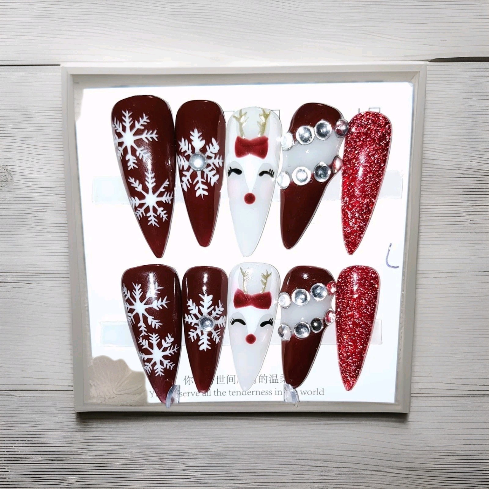 Red White 3D Glitter Christmas Reindeer Snowflake Long Stiletto Press-On Nails
