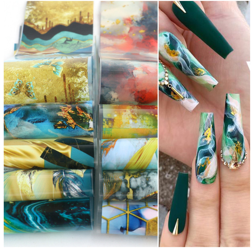 10Pcs Gradient Geometric Floral Nail Art Foil Marble Design Decoration 6121 NS47
