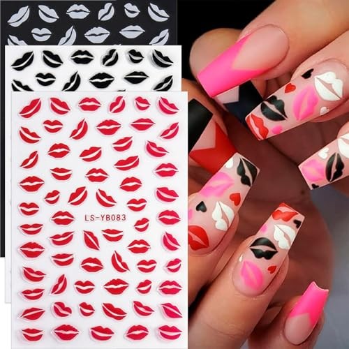 Valentine’s Day Nail Stickers Nail Decals 6PCS White Black Heart Nail Sexy Lips