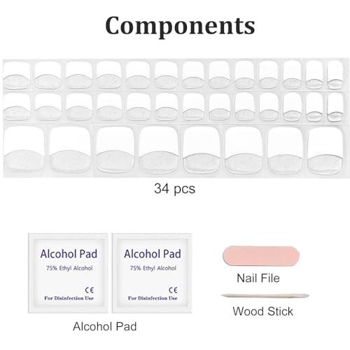34 Pcs Semi Cured Gel Toe Nail Strips White French Tip Gel 18-white French Tip
