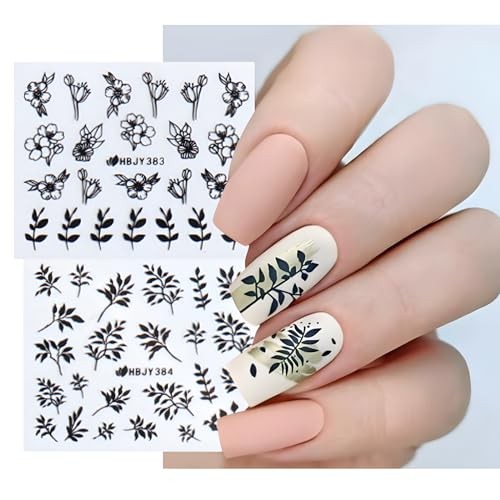 12 Sheets Black Nail Art Stickers 3D Self Adhesive Black Flower Nail Style 3