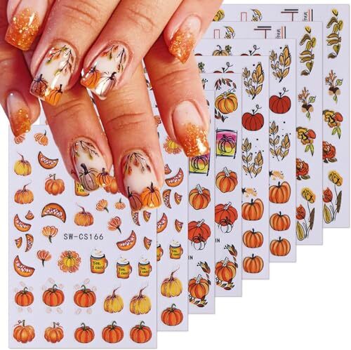 8Sheets Fall Nail Art Stickers Autumn Pumpkins Fallen Leaves 3D Style- Decal J