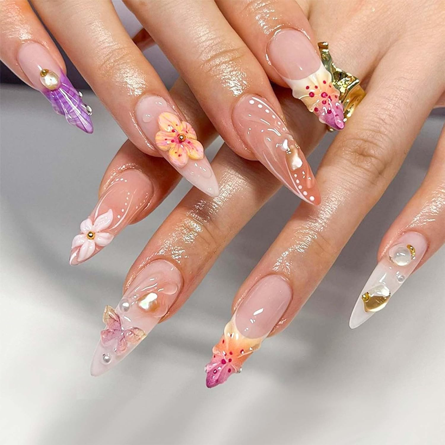 24Pcs Colorful Flower Press on Nails Medium Almond Fake Nails with 3D Butterfly