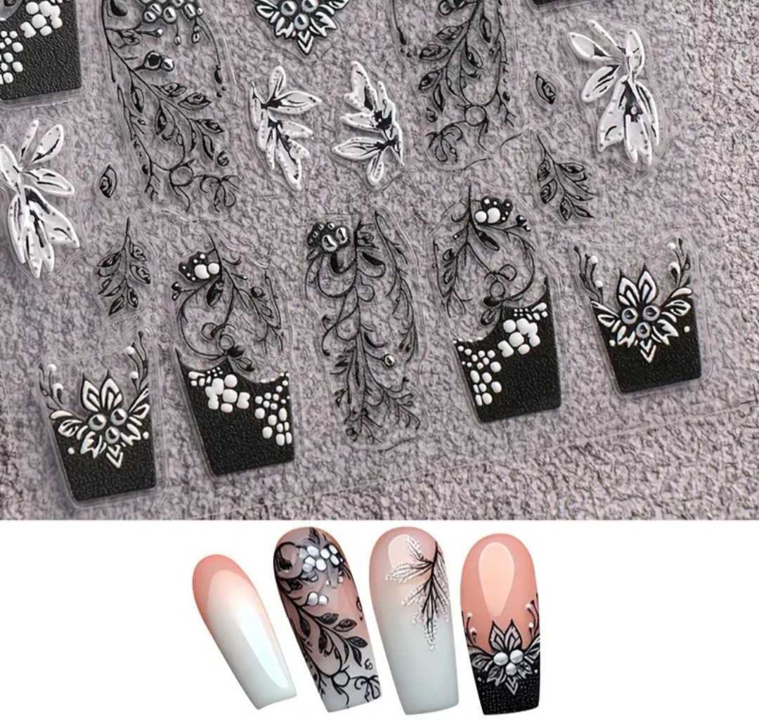 2 Pc Silver Black Nail Art Transfer Stickers Butterfly Scrolling Floral Gem Pink