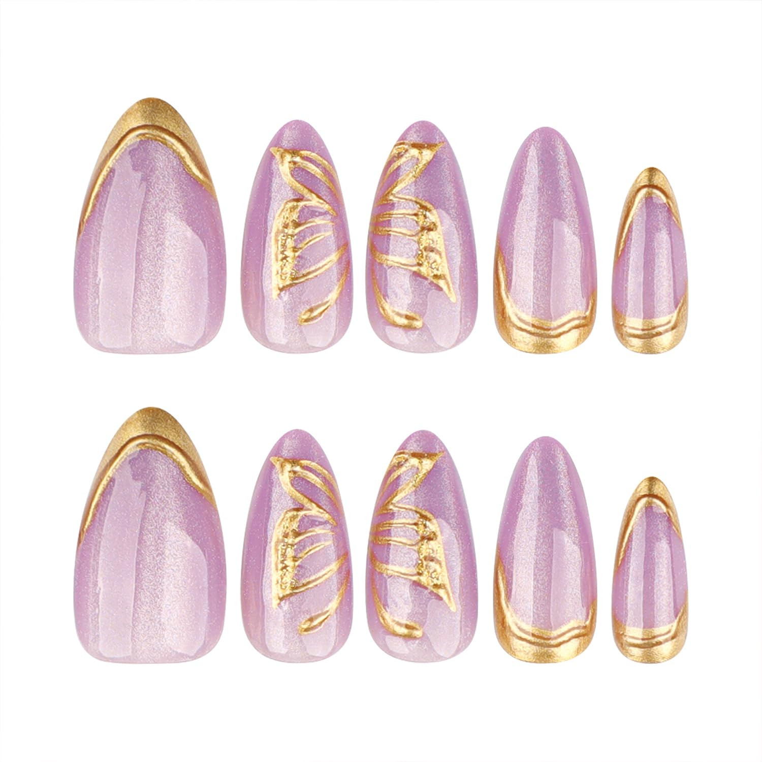 Butterfly Press on Nails Purple Almond Medium Fake Nails with Gold Accents and W