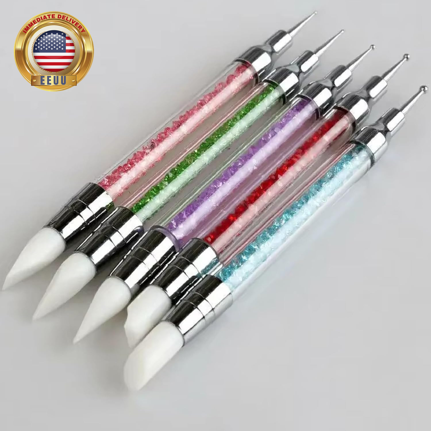 5PCS Double Ended Silicone Nail Polish Brushes with Steel Carving Drawing Dottin