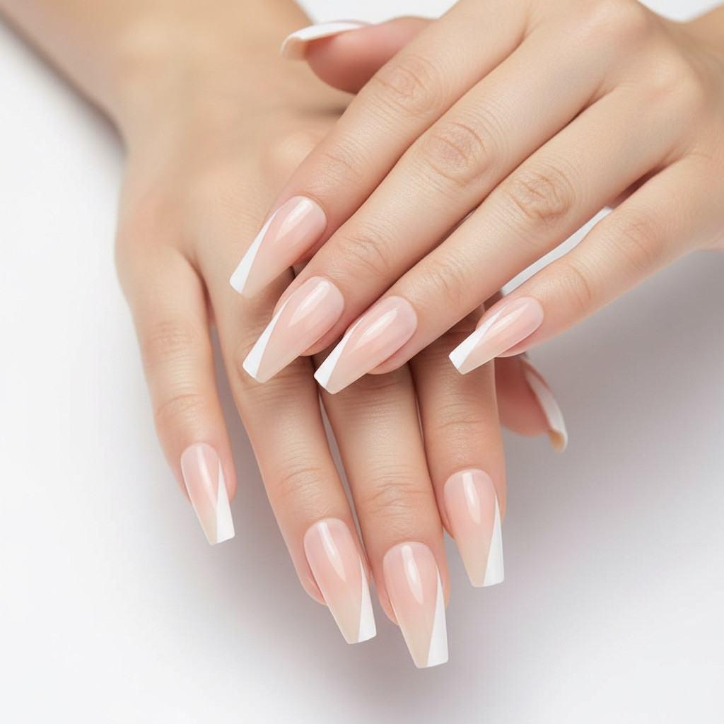 Natural Nude White French Press On Nails Extra Long Coffin Ballerina Fake Nails