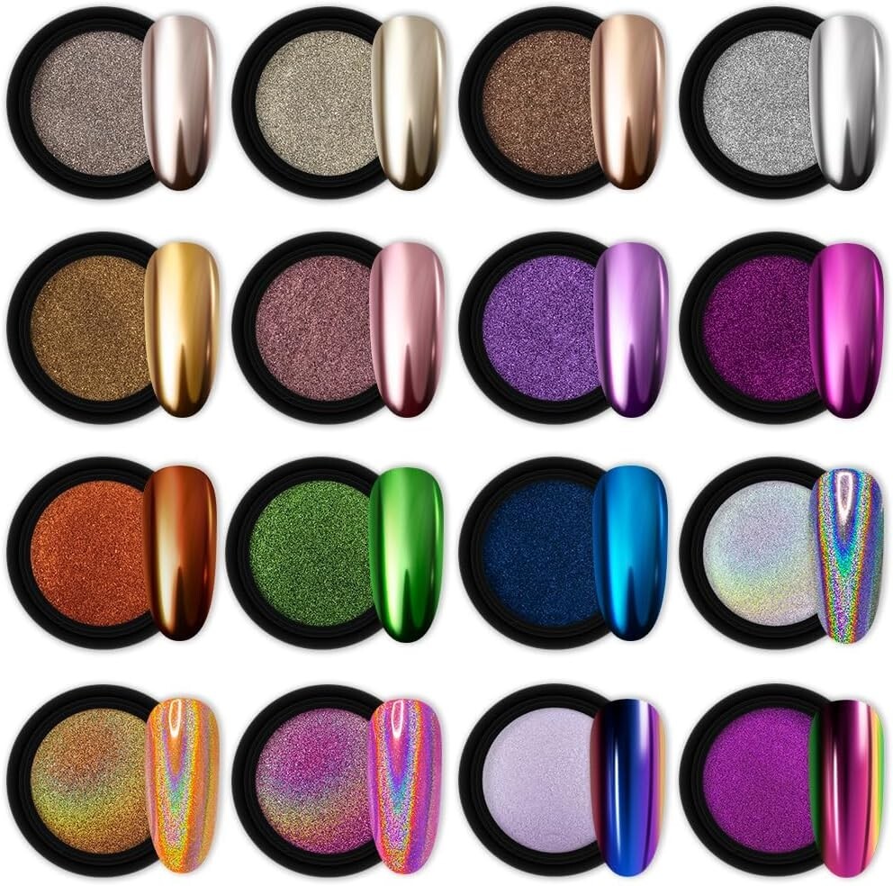 Gorgeous 16-Piece Chrome Powder Collection for Artistic Nail Designs – 1g Jars