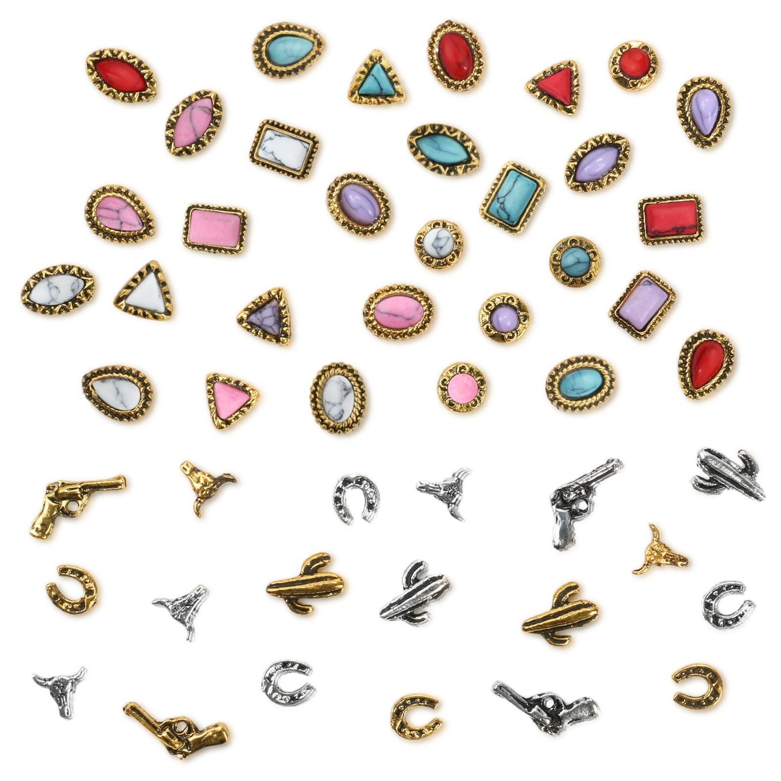 50 PCS Western Nail Charms – 3D Vintage Turquoise Gems, Retro Cowboy Nail Art DI